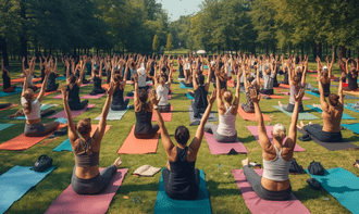 屋外の芝生に開催されるイベントヨガ