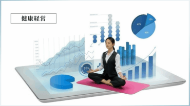 ビジネスグラフが浮かぶタブレットの上で、スーツ姿の人がヨガの瞑想ポーズをとり健康経営をイメージさせる様子