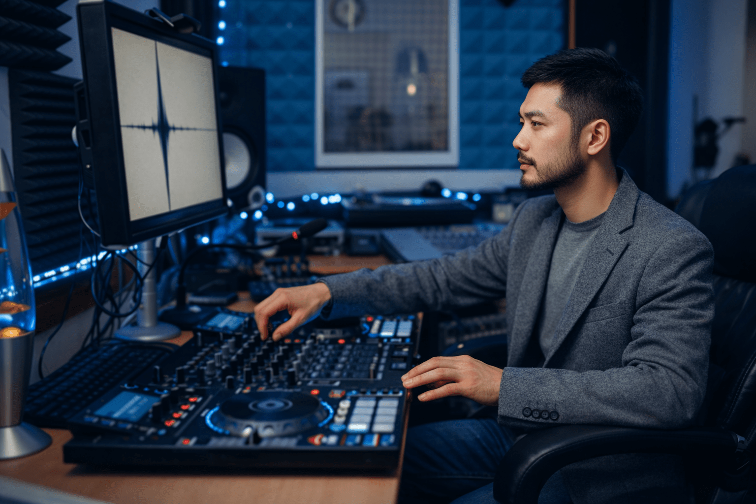 イベントヨガの音響システムを操作するエンジニア