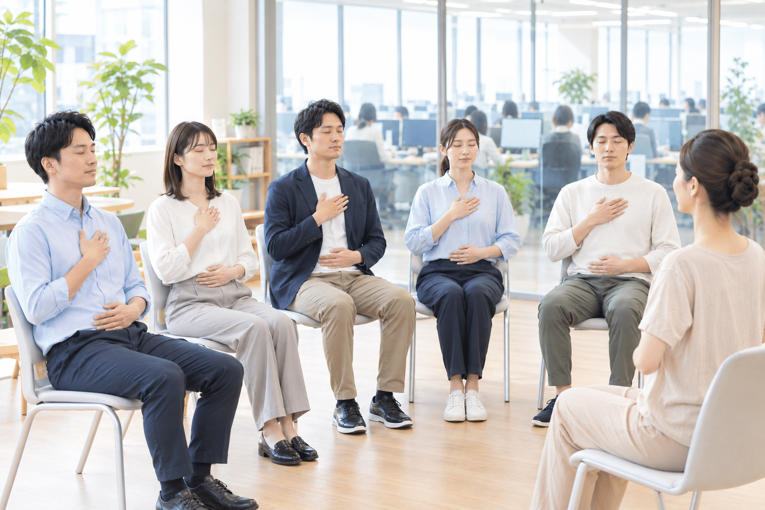 会議室を活用して行うオフィスヨガの様子